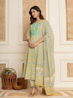 Thumbnail for Yufta Mustard Thread_Work Cotton Anarkali Kurta And Trousers With Dupatta Set