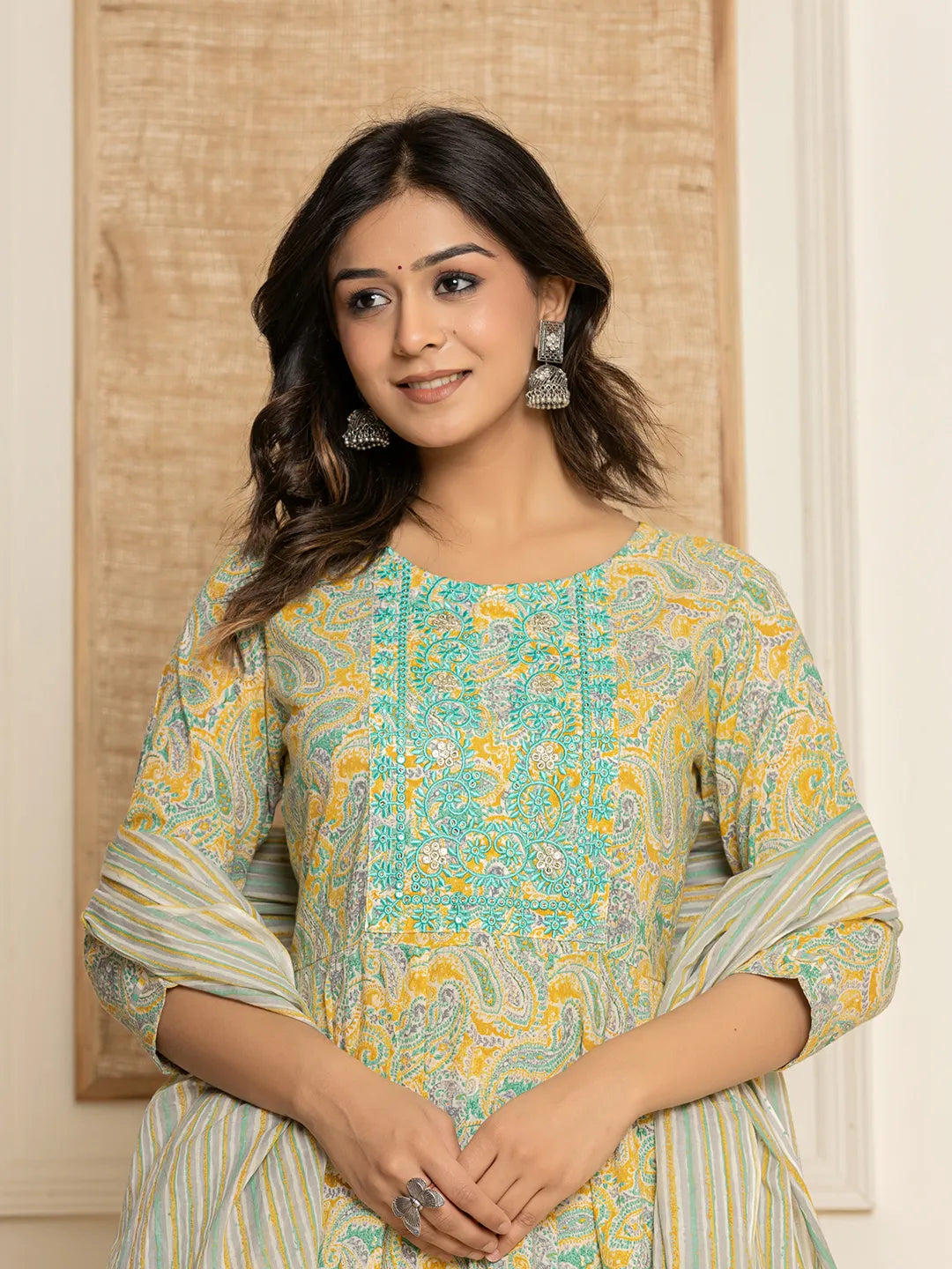 Yufta Mustard Thread_Work Cotton Anarkali Kurta And Trousers With Dupatta Set