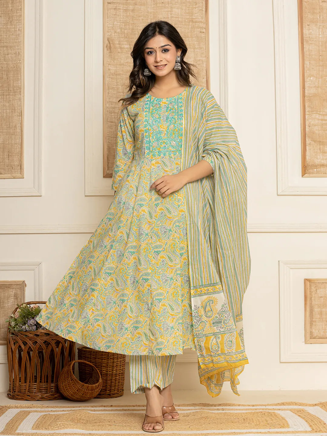 Yufta Mustard Thread_Work Cotton Anarkali Kurta And Trousers With Dupatta Set
