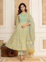 Thumbnail for Yufta Mustard Thread_Work Cotton Anarkali Kurta And Trousers With Dupatta Set
