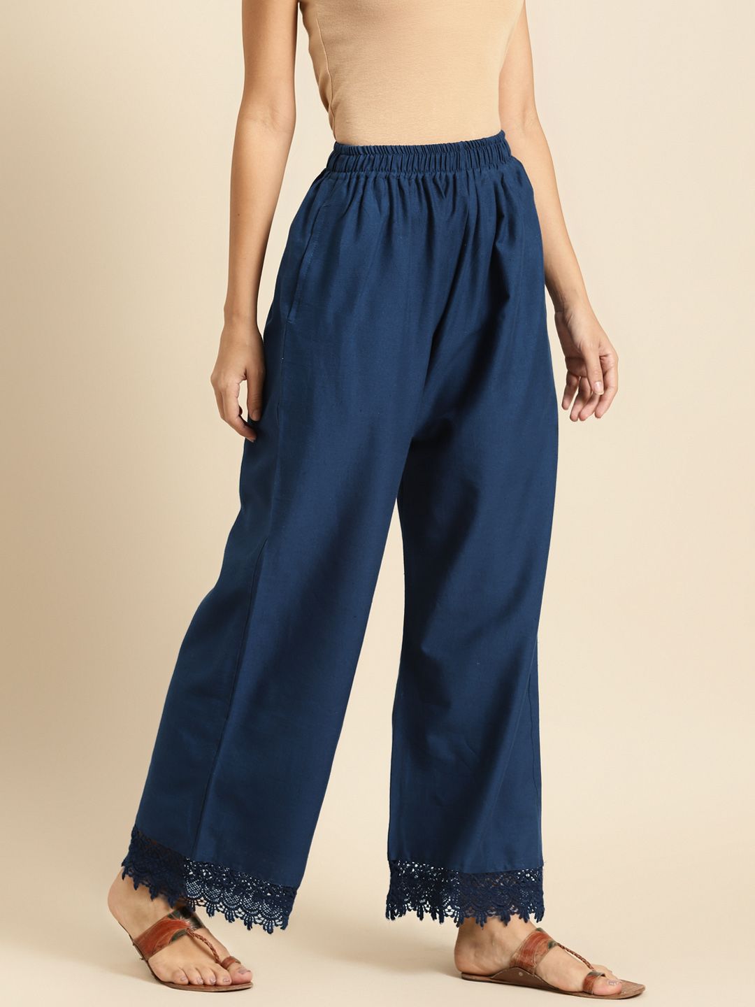 TAG 7 Women Navy Blue Hem Design Straight Palazzos - Distacart