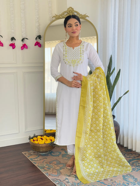 The52 Women's Beautiful Viscose Embroidery work Straight Kurta with Pant and Dupatta Set