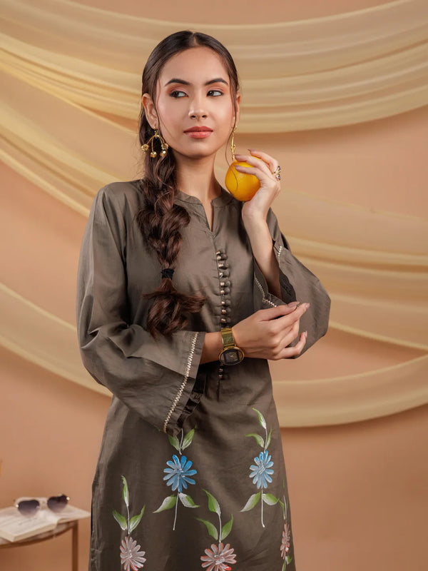 Yufta Military Green Hand Floral Print Cotton Straight Kurta
