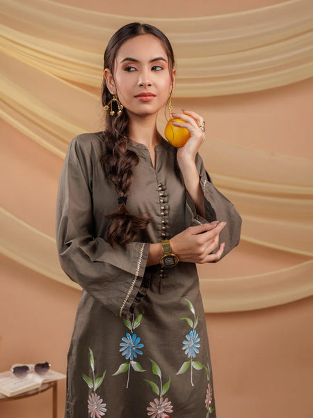 Yufta Military Green Hand Floral Print Cotton Straight Kurta