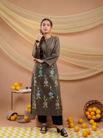 Thumbnail for Yufta Military Green Hand Floral Print Cotton Straight Kurta