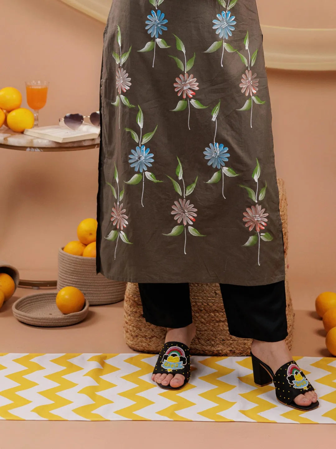 Yufta Military Green Hand Floral Print Cotton Straight Kurta