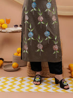 Thumbnail for Yufta Military Green Hand Floral Print Cotton Straight Kurta