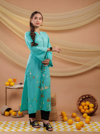 Yufta Sea Green Hand Floral Print Cotton Straight Kurta