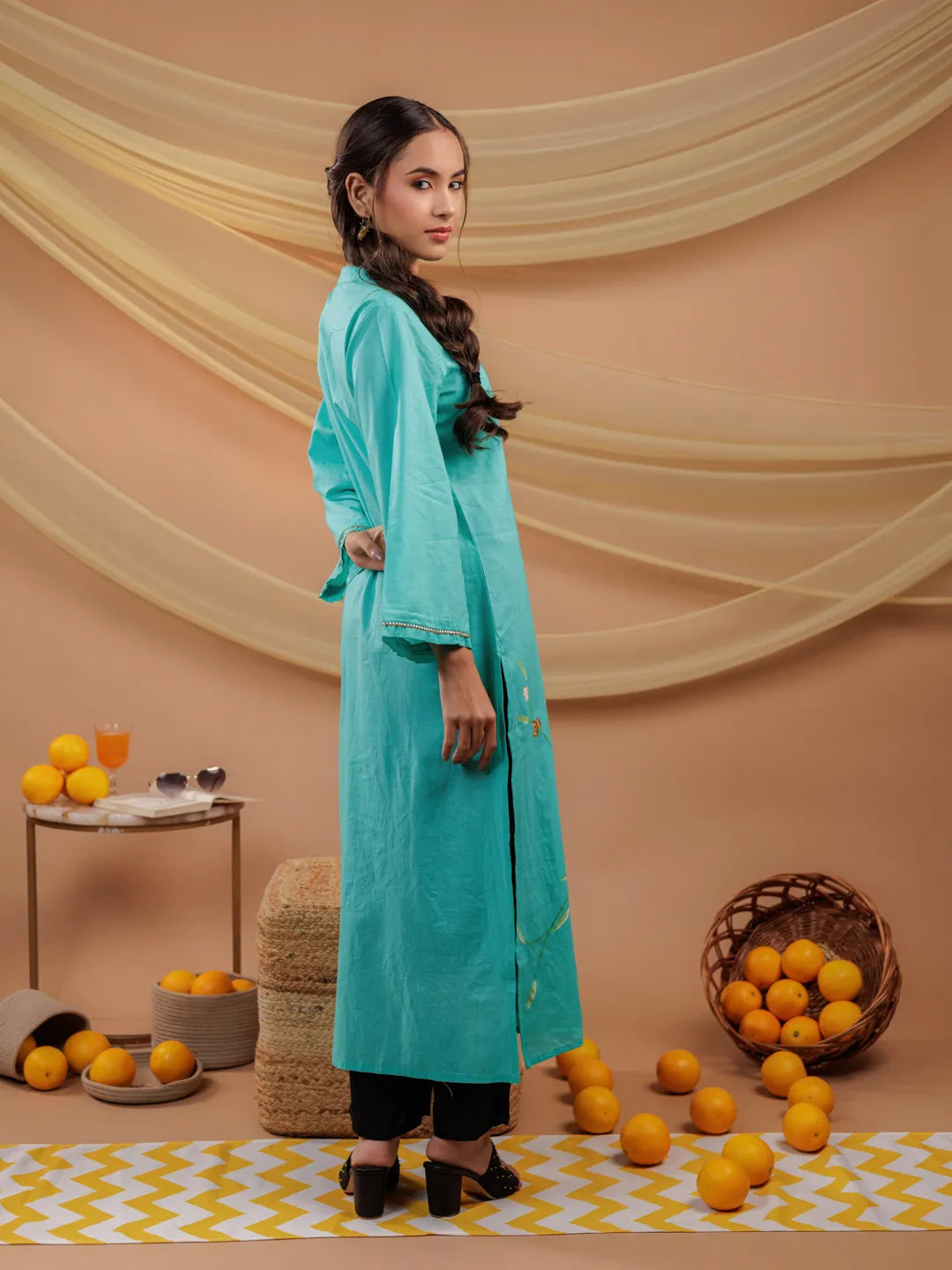 Yufta Sea Green Hand Floral Print Cotton Straight Kurta - Distacart