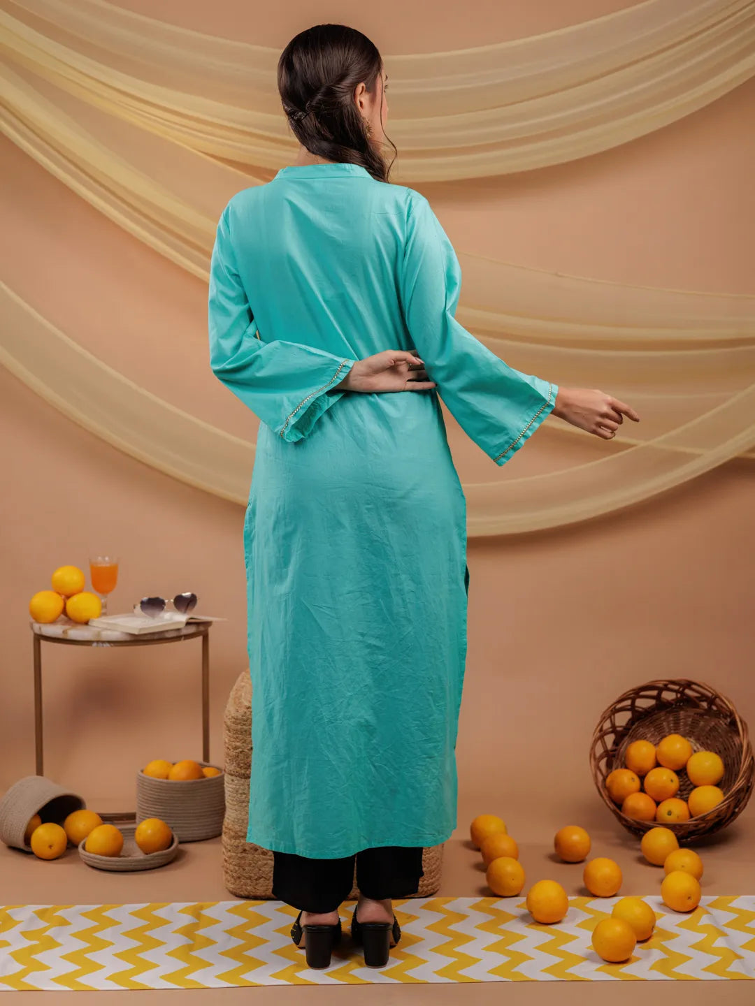 Yufta Sea Green Hand Floral Print Cotton Straight Kurta