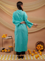 Thumbnail for Yufta Sea Green Hand Floral Print Cotton Straight Kurta