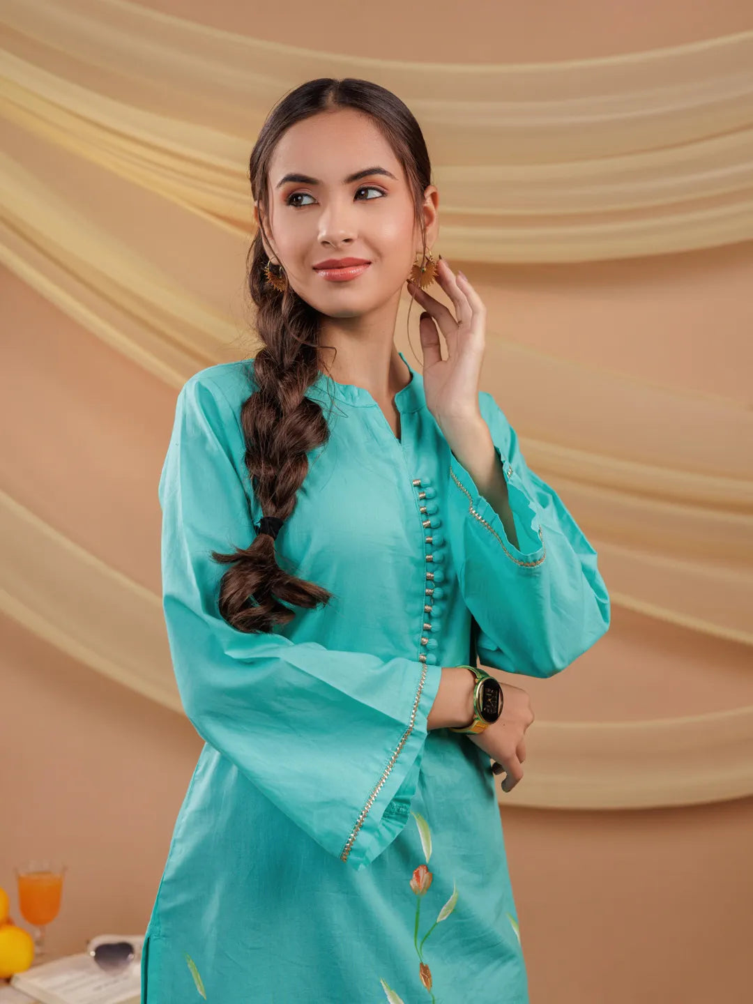 Yufta Sea Green Hand Floral Print Cotton Straight Kurta