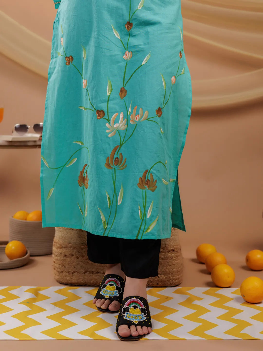Yufta Sea Green Hand Floral Print Cotton Straight Kurta