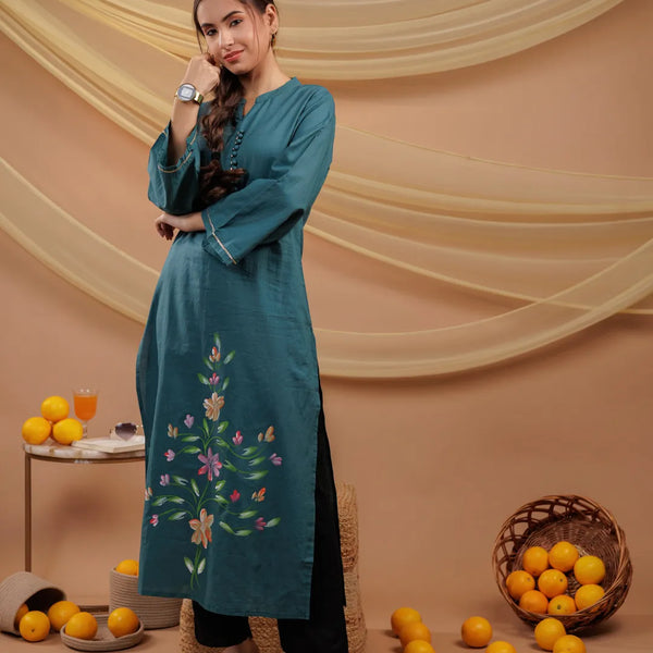 Yufta Teal Blue Hand Floral Print Cotton Straight Kurta - Distacart
