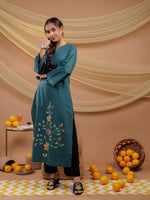 Thumbnail for Yufta Teal Blue Hand Floral Print Cotton Straight Kurta