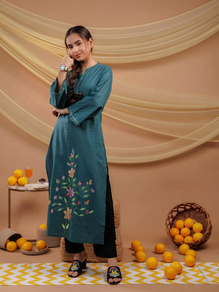 Yufta Teal Blue Hand Floral Print Cotton Straight Kurta