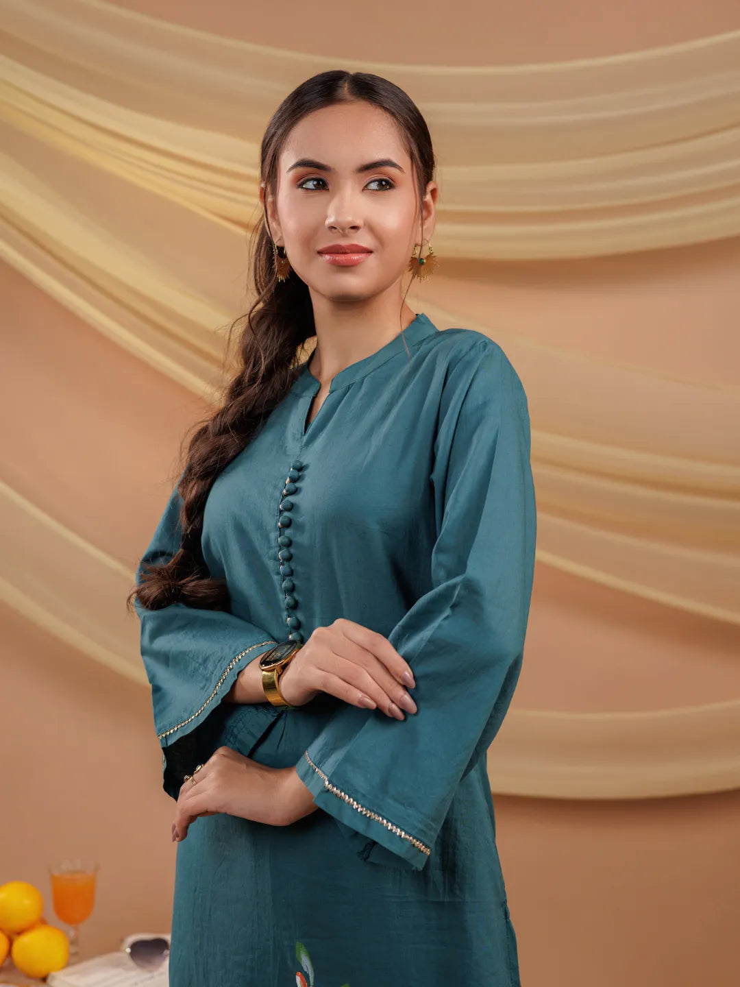 Yufta Teal Blue Hand Floral Print Cotton Straight Kurta - Distacart