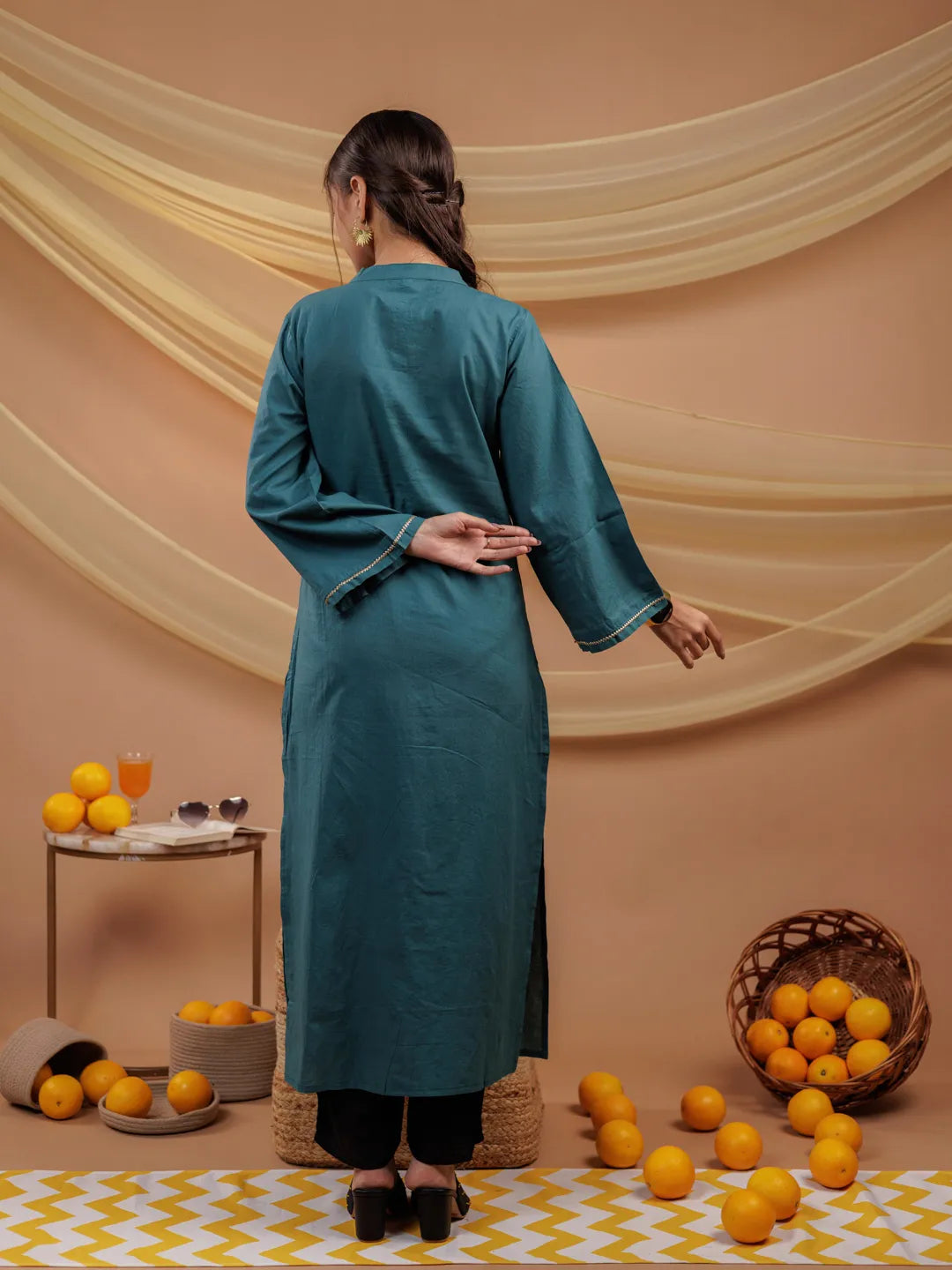 Yufta Teal Blue Hand Floral Print Cotton Straight Kurta
