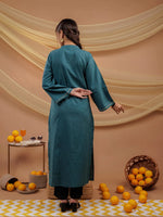 Thumbnail for Yufta Teal Blue Hand Floral Print Cotton Straight Kurta