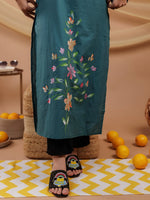 Thumbnail for Yufta Teal Blue Hand Floral Print Cotton Straight Kurta