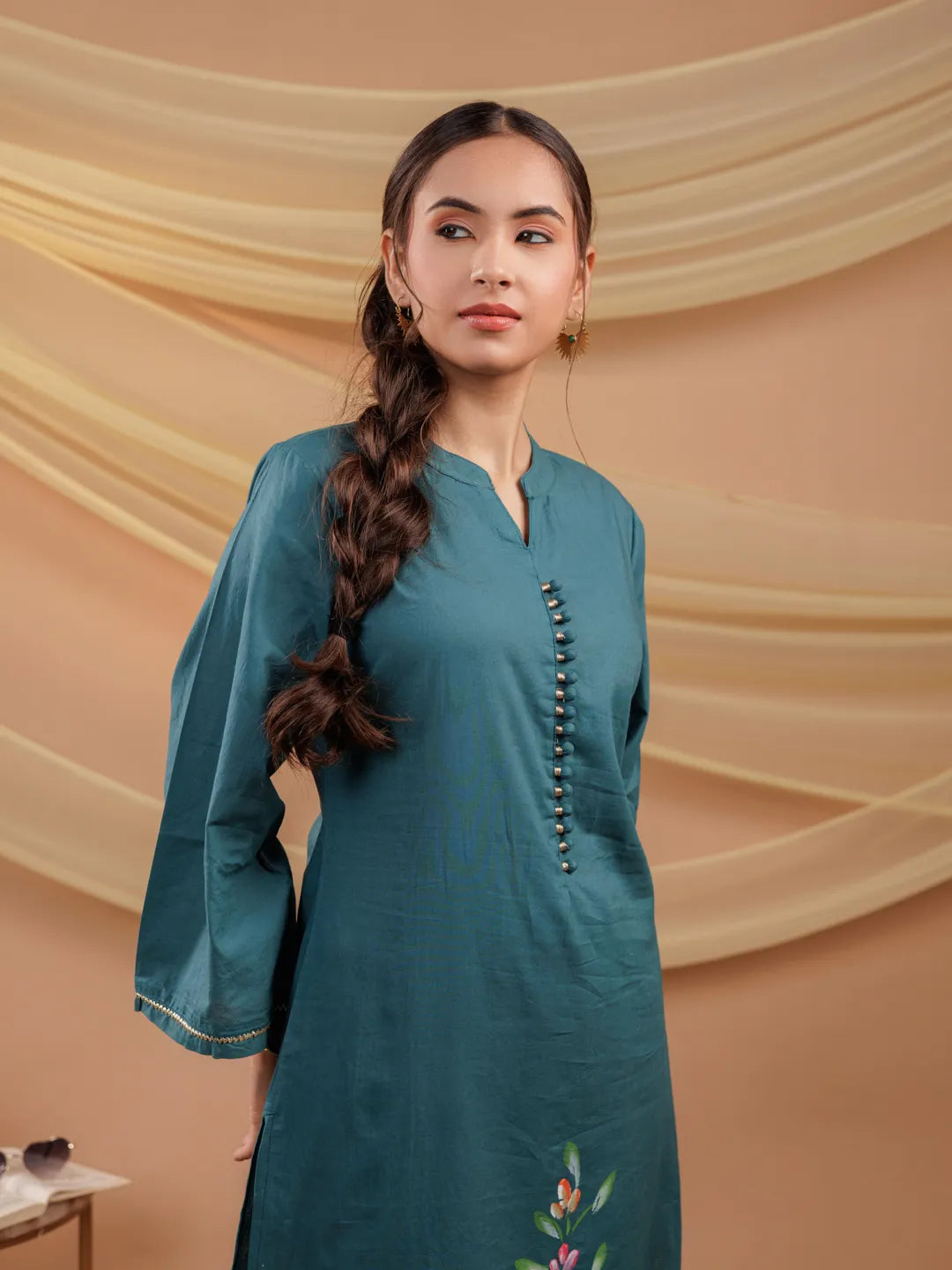 Yufta Teal Blue Hand Floral Print Cotton Straight Kurta
