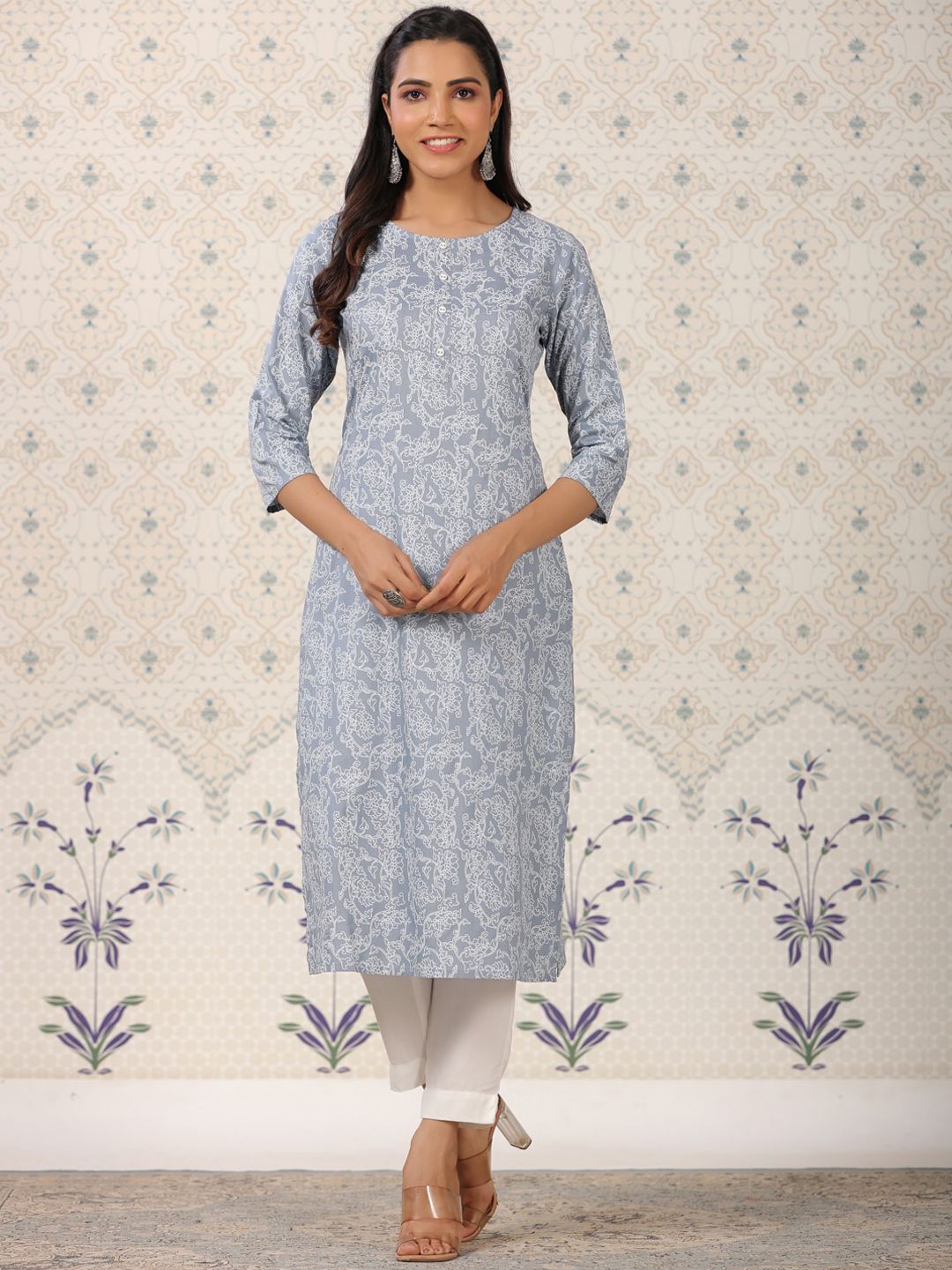 Ode by House of Pataudi Printed Round Neck Straight Kurta - Distacart