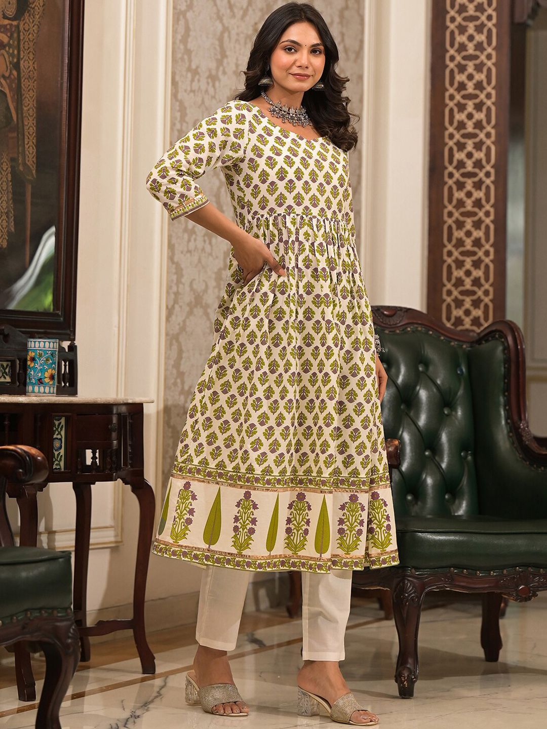 Vishudh White Floral Printed Pleated Pure Cotton Kurta with Trouser & Dupatta
