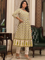 Thumbnail for Vishudh White Floral Printed Pleated Pure Cotton Kurta with Trouser & Dupatta