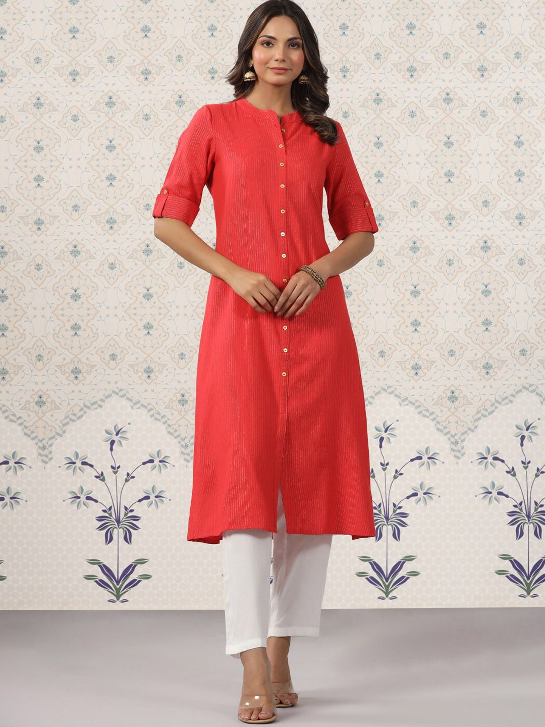 Ode by House of Pataudi Striped Mandarin Collar Roll Up Sleeves Kurta with Palazzos - Distacart