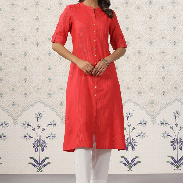 Ode by House of Pataudi Striped Mandarin Collar Roll Up Sleeves Kurta with Palazzos - Distacart