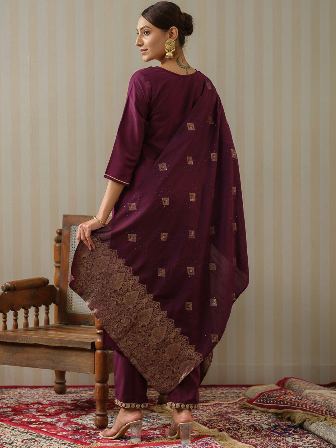 Ode by House of Pataudi Purple Ethnic Motifs Straight Kurta & Trousers With Dupatta - Distacart