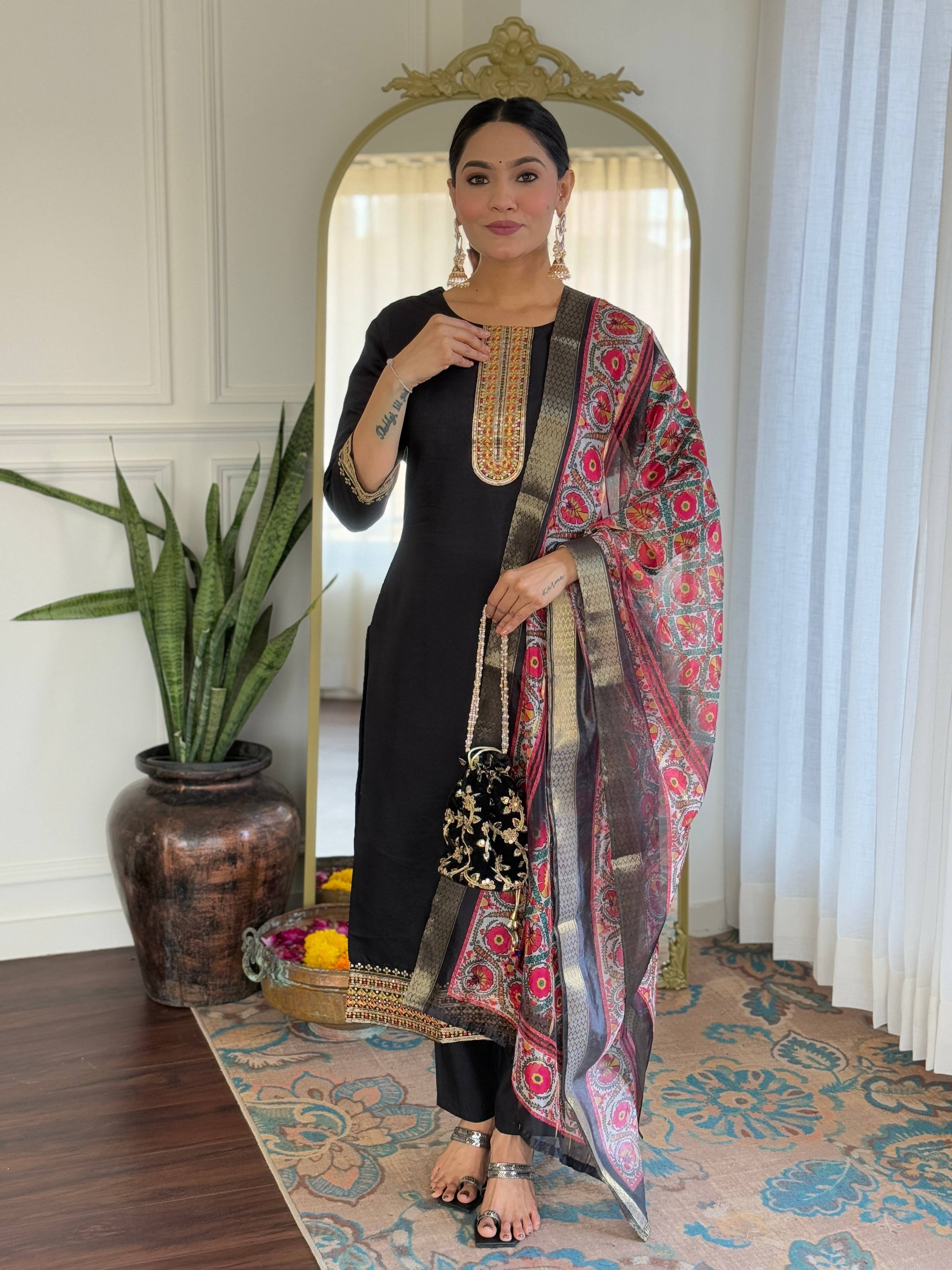 The52 Women's Viscose Embroidery work Straight Kurta with Pant and Dupatta Set