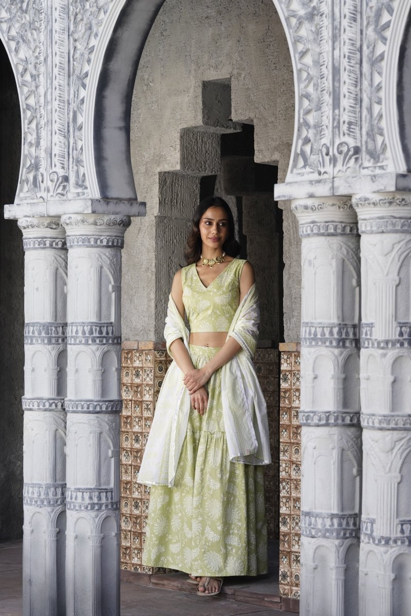 Ahalyaa Pure Cotton Green & White Printed Khari Print Ready to Wear Lehenga & Blouse With Dupatta - Distacart