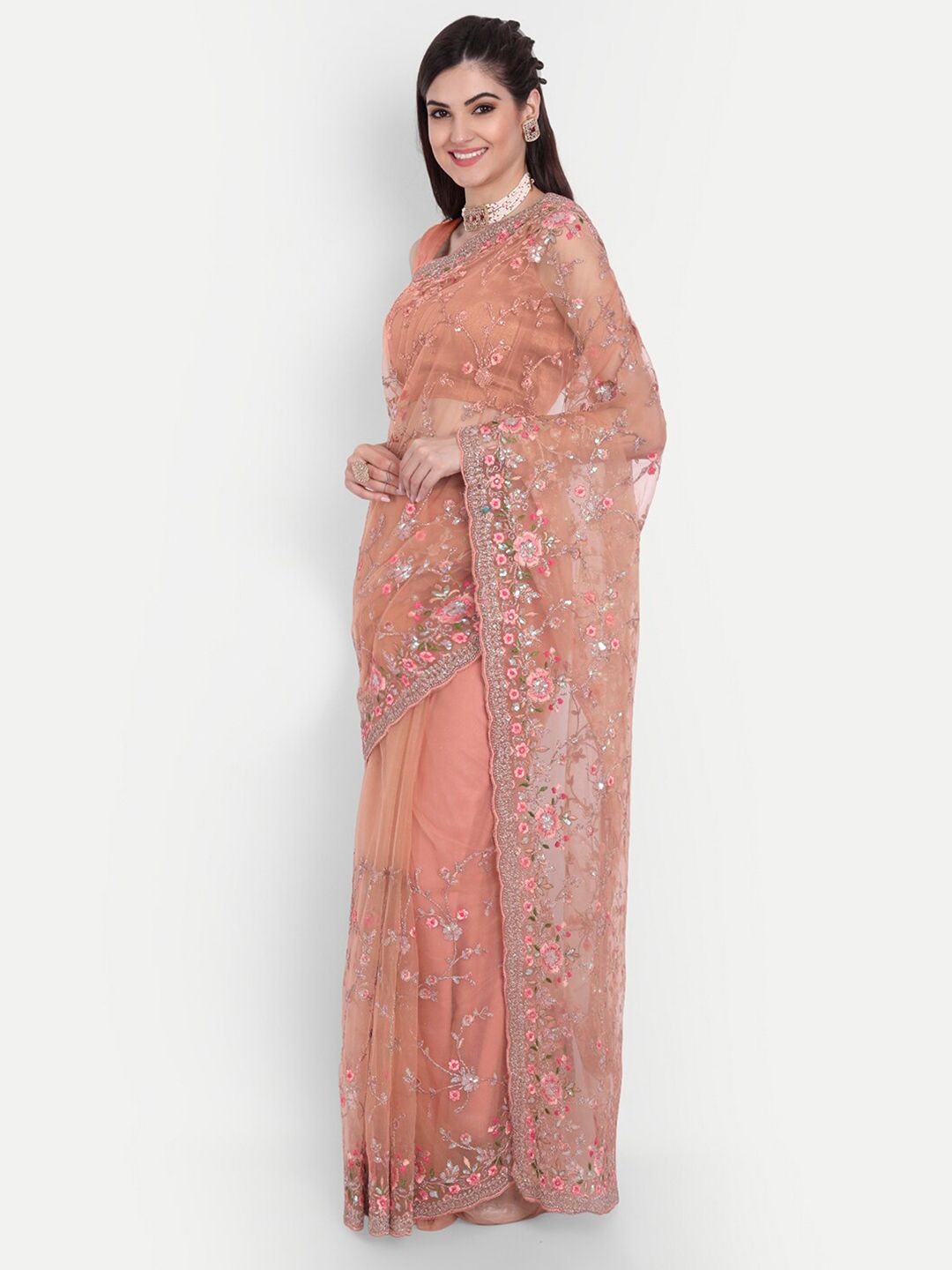 kasee Women Peach-Coloured Floral Embroidered Net Saree - Distacart