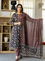 Thumbnail for Yufta Piping On Yoke Floral Print Black Cotton Plus Size Kurta Set With Dupatta Set