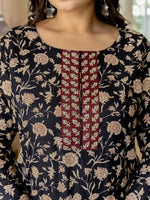 Thumbnail for Yufta Piping On Yoke Floral Print Black Cotton Plus Size Kurta Set With Dupatta Set