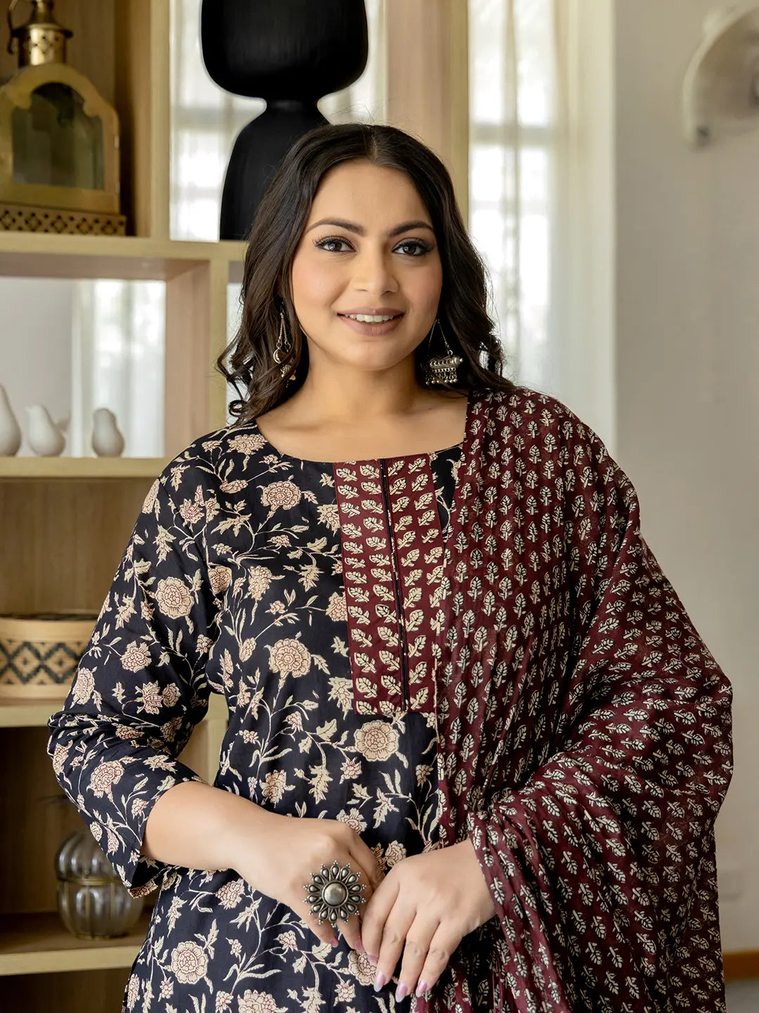 Yufta Piping On Yoke Floral Print Black Cotton Plus Size Kurta Set With Dupatta Set