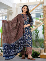 Thumbnail for Yufta Piping On Yoke Floral Print Blue Cotton Plus Size Kurta Set With Dupatta Set