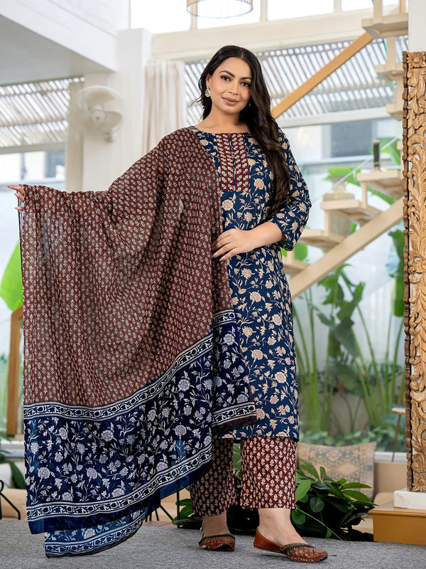 Yufta Piping On Yoke Floral Print Blue Cotton Plus Size Kurta Set With Dupatta Set