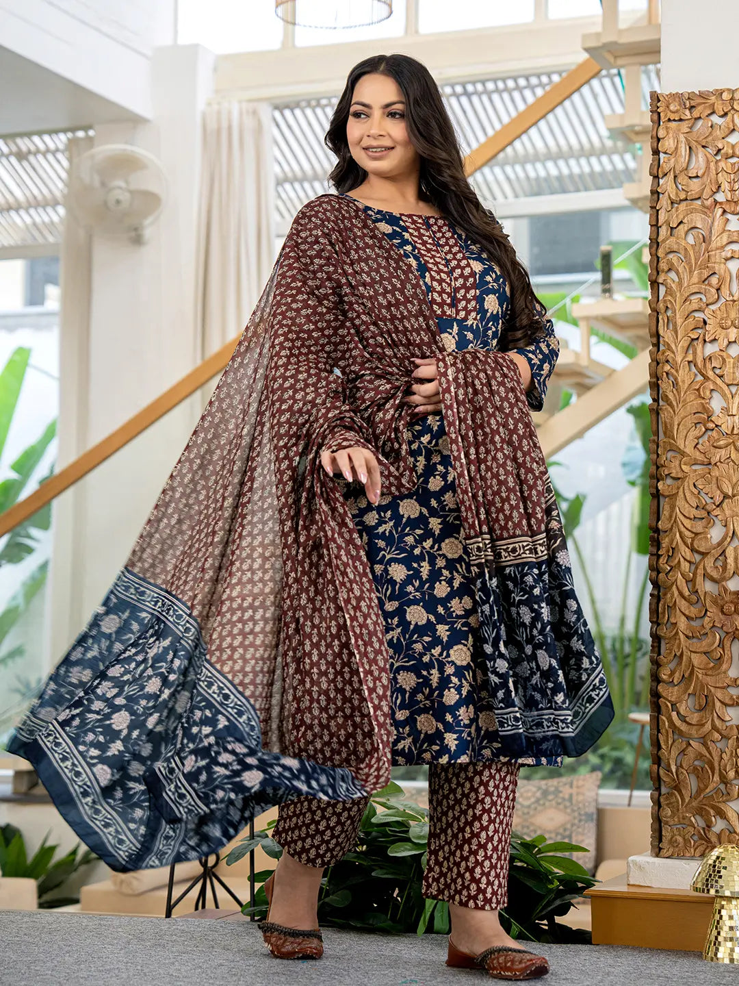 Yufta Piping On Yoke Floral Print Blue Cotton Plus Size Kurta Set With Dupatta Set - Distacart