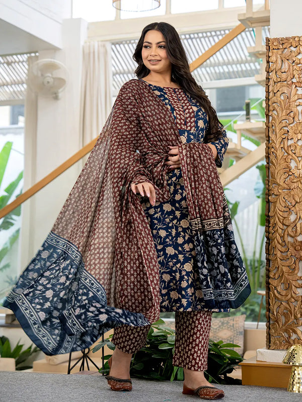 Yufta Piping On Yoke Floral Print Blue Cotton Plus Size Kurta Set With Dupatta Set