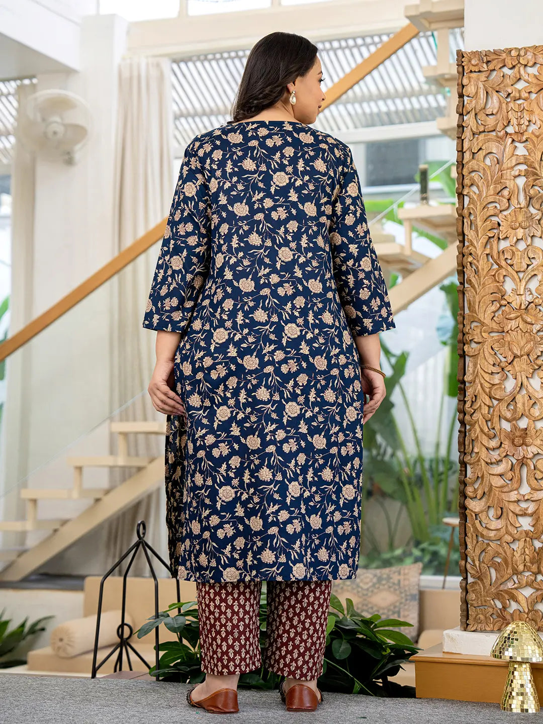 Yufta Piping On Yoke Floral Print Blue Cotton Plus Size Kurta Set With Dupatta Set