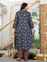 Thumbnail for Yufta Piping On Yoke Floral Print Blue Cotton Plus Size Kurta Set With Dupatta Set