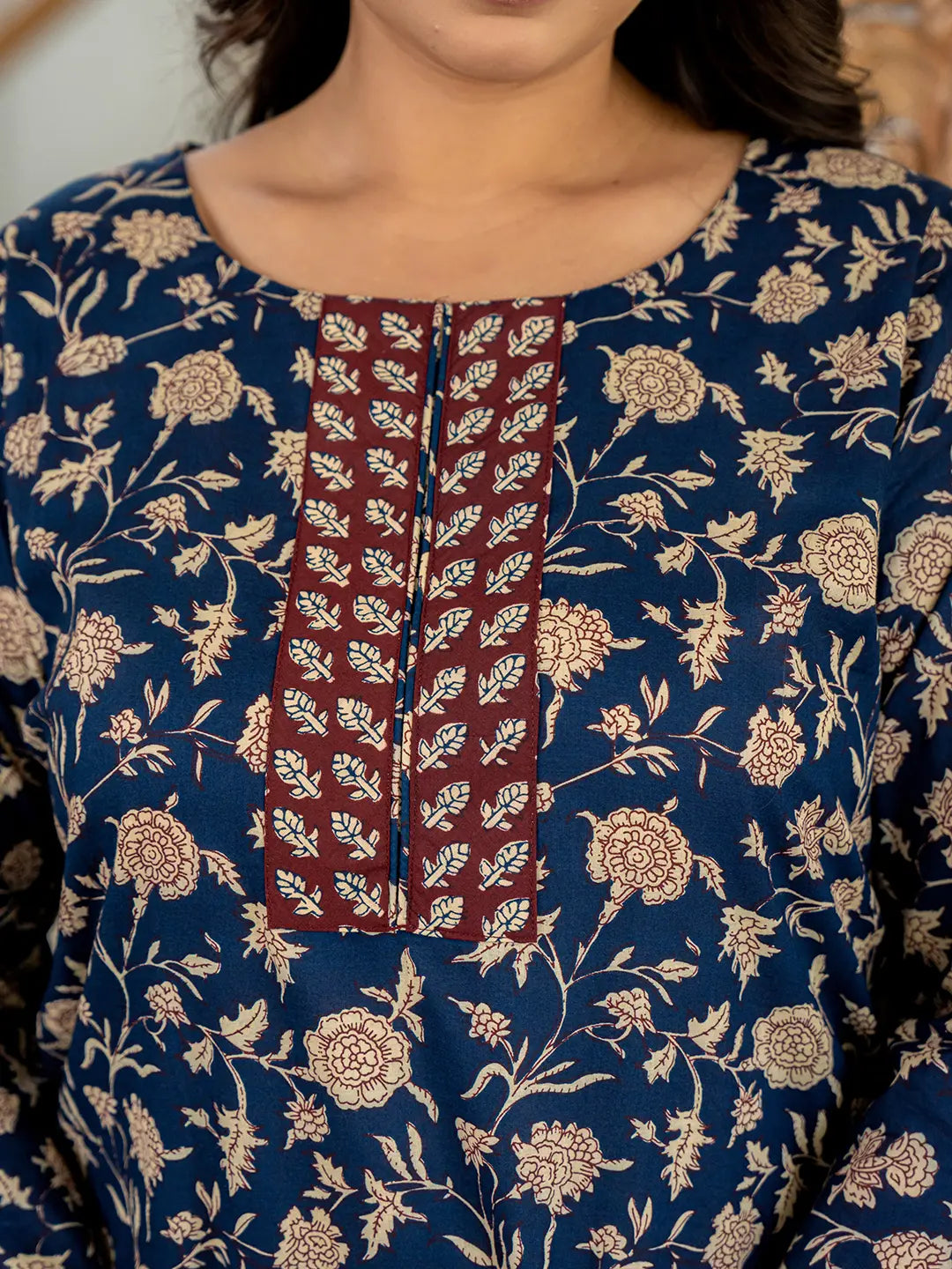 Yufta Piping On Yoke Floral Print Blue Cotton Plus Size Kurta Set With Dupatta Set
