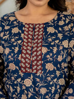 Thumbnail for Yufta Piping On Yoke Floral Print Blue Cotton Plus Size Kurta Set With Dupatta Set