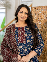 Thumbnail for Yufta Piping On Yoke Floral Print Blue Cotton Plus Size Kurta Set With Dupatta Set