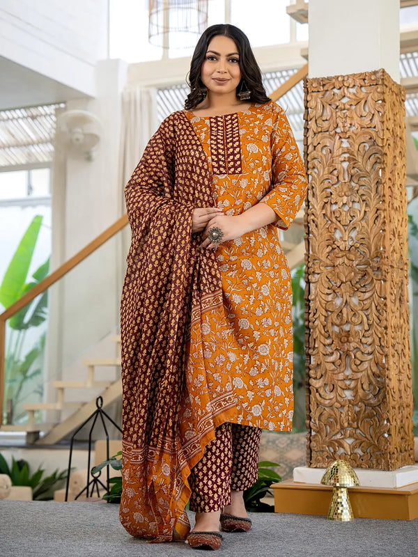 Yufta Piping On Yoke Floral Print Mustard Cotton Plus Size Kurta Set With Dupatta Set
