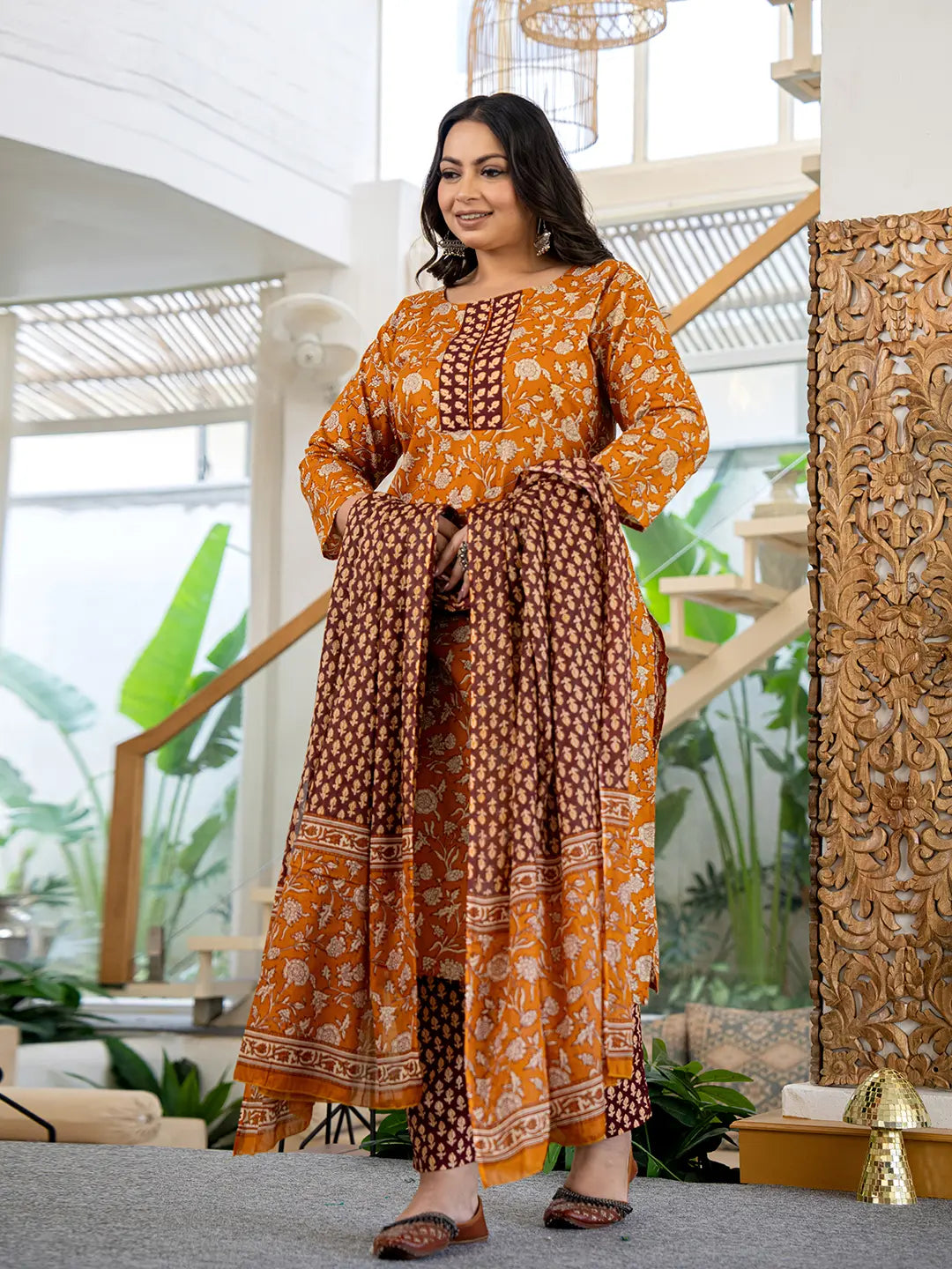 Yufta Piping On Yoke Floral Print Mustard Cotton Plus Size Kurta Set With Dupatta Set - Distacart