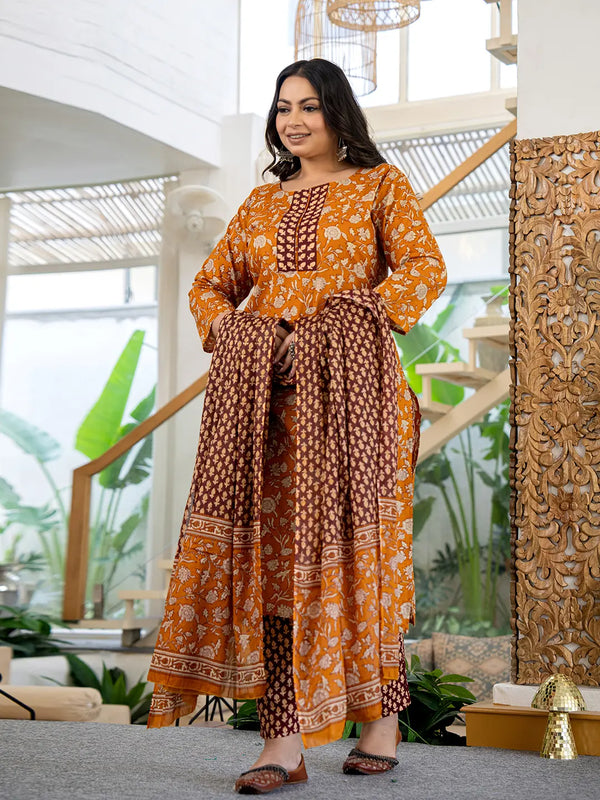 Yufta Piping On Yoke Floral Print Mustard Cotton Plus Size Kurta Set With Dupatta Set