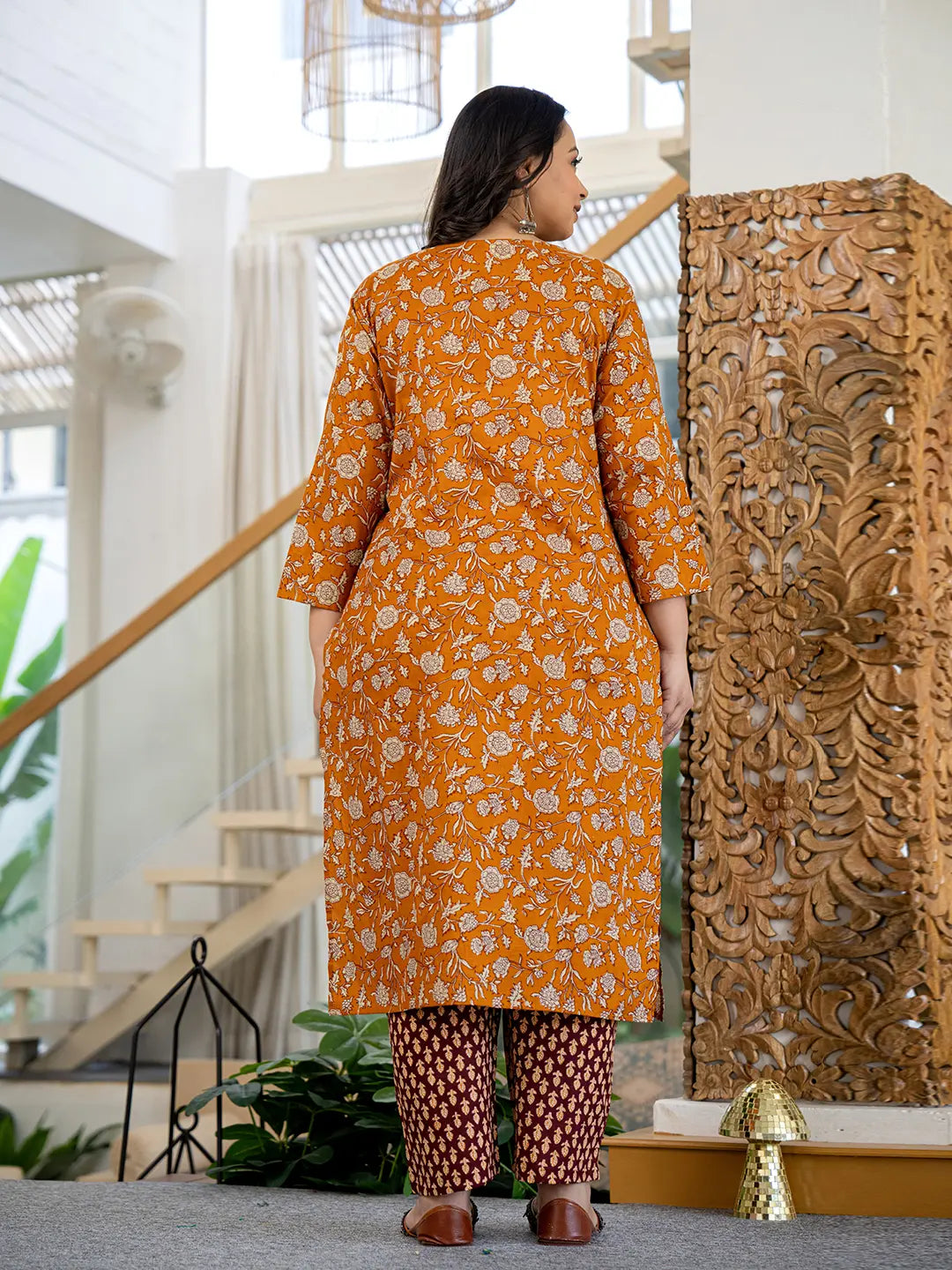 Yufta Piping On Yoke Floral Print Mustard Cotton Plus Size Kurta Set With Dupatta Set